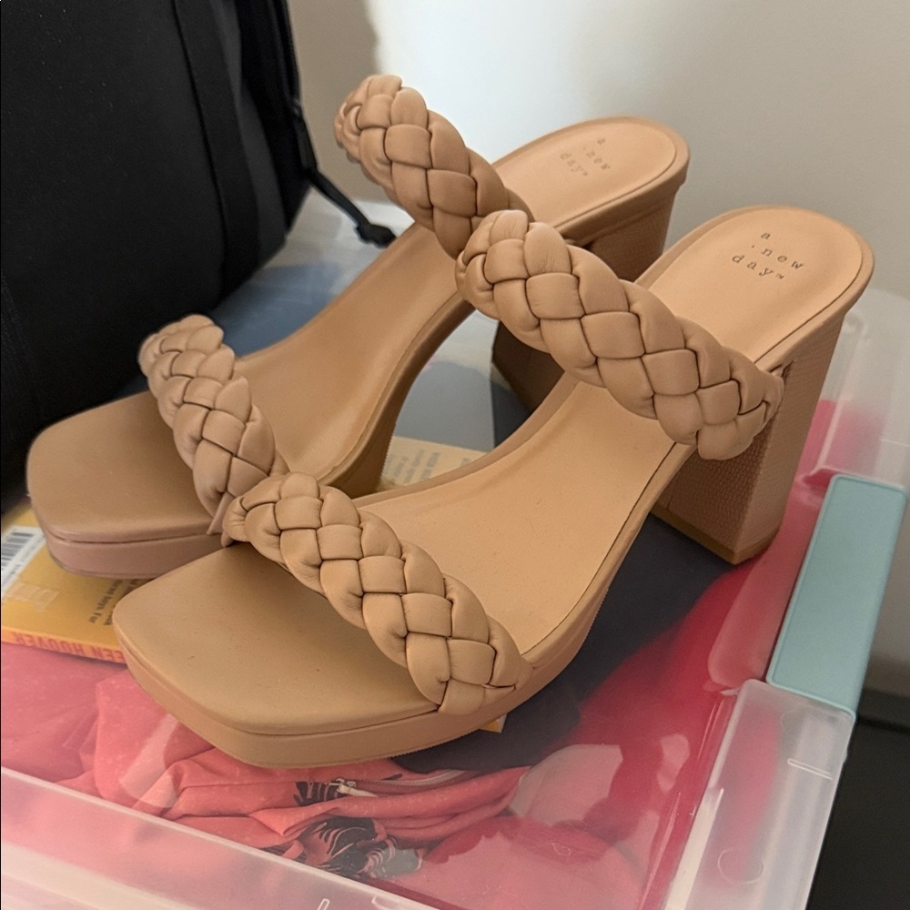 a new day Tan Braided Double-Strap Platform Block Heel Mules
